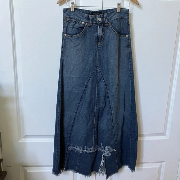 Y2K Billy Blues Patchwork Denim Jean Maxi Skirt Frayed Contrast Stitch - Picture 1 of 5